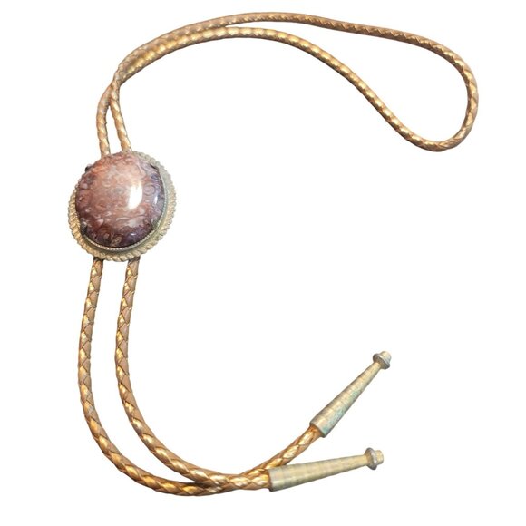 Vintage Western Style Bolo Tie Agate Stone Rhodochrosite Gemstone Cabochon Bezel - Picture 2 of 8